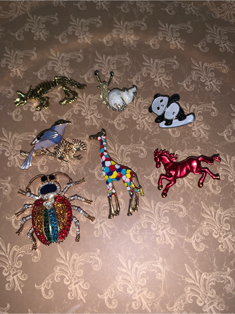 Animal Enamel 7 Pin Set! Giraffe, Panda, Horse, Bird, Dino, Bug & Snail ALL NEW!